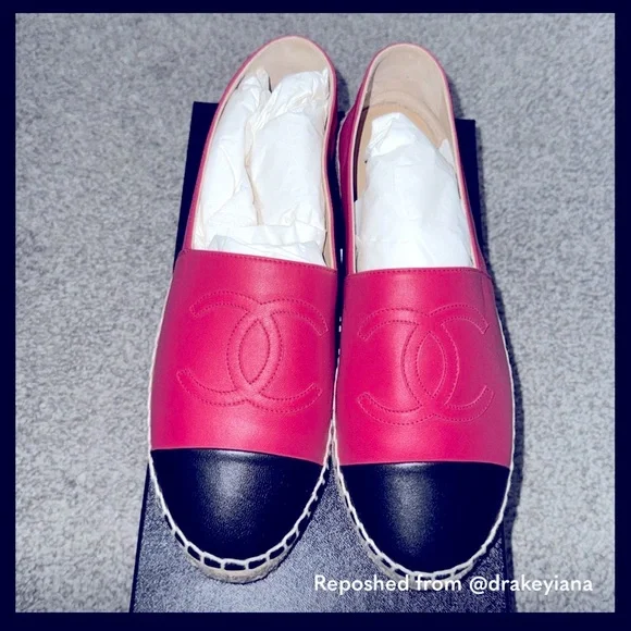 CHANEL Pink and Black Leather Espadrilles - Picture 1 of 2
